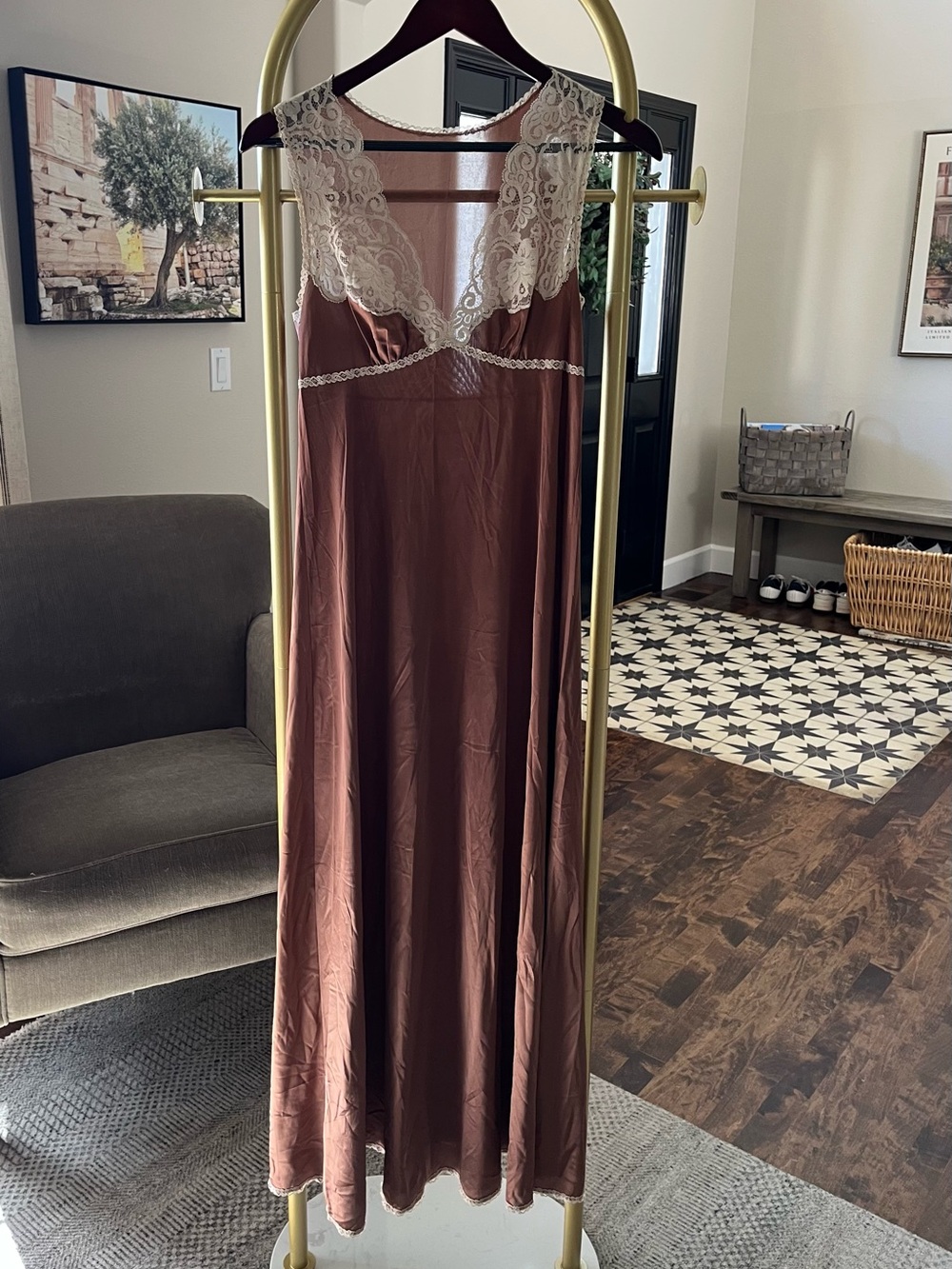 Vanity Fair vintage brown Satin Lace-Trim Long Chemise